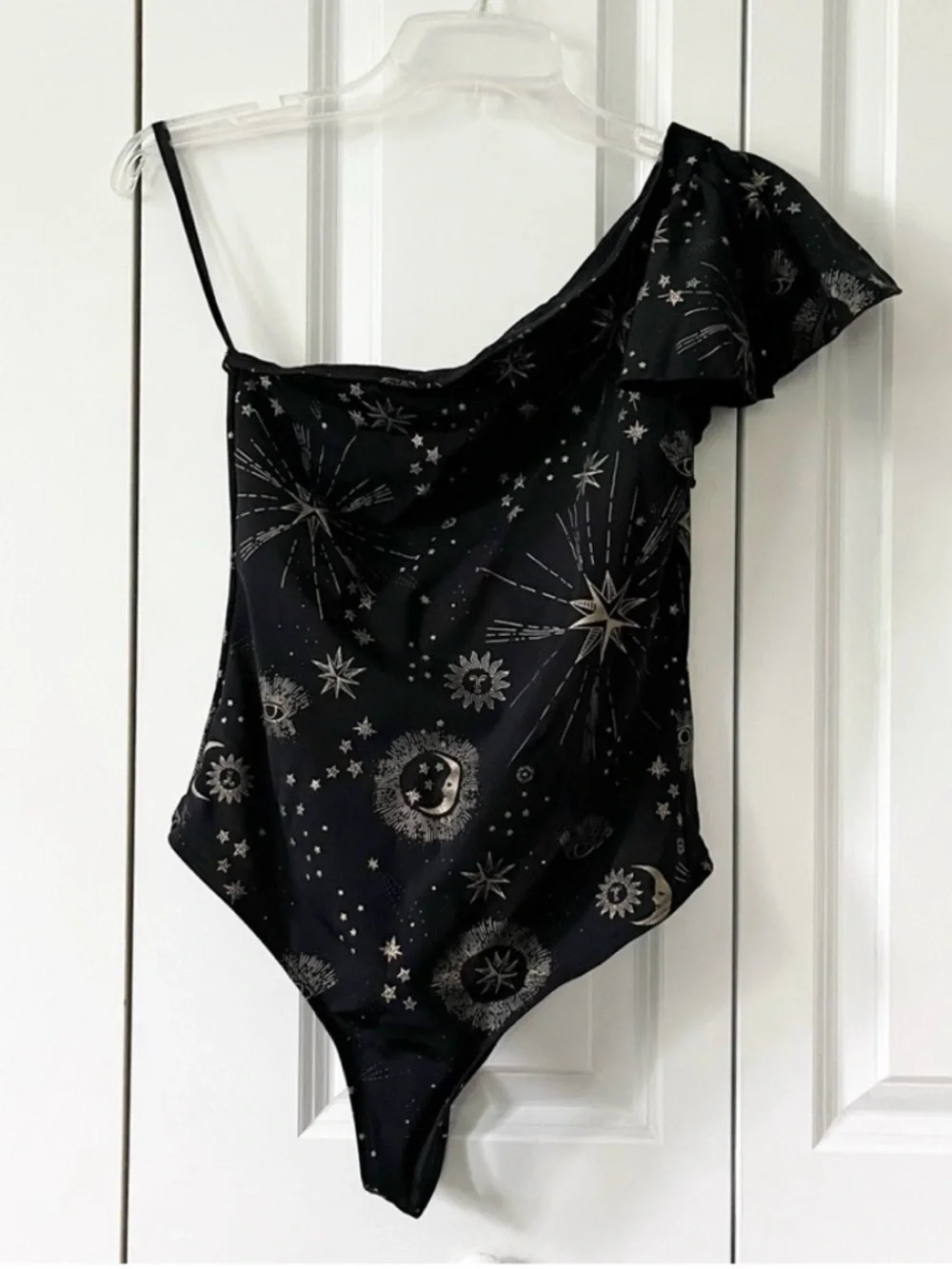 Carbon38 Black One-Shoulder Bodysuit with Gold Celestial Print - Picture 6 of 8